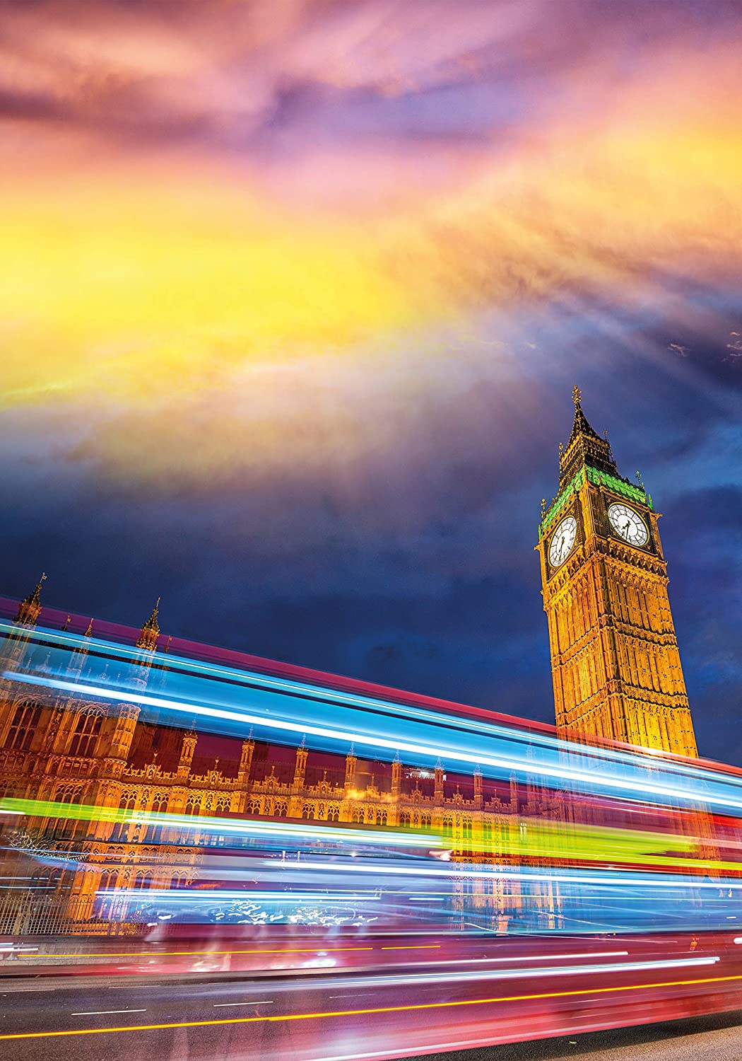PICSonPAPER Hochwertiges Poster London, 70 cm breit x 100 cm hoch, Dekoration, Kunstdruck, Wandbild, Fineartprint, Big Ben, Westminster, Bus, Sonnenuntergang, Premium Qualität