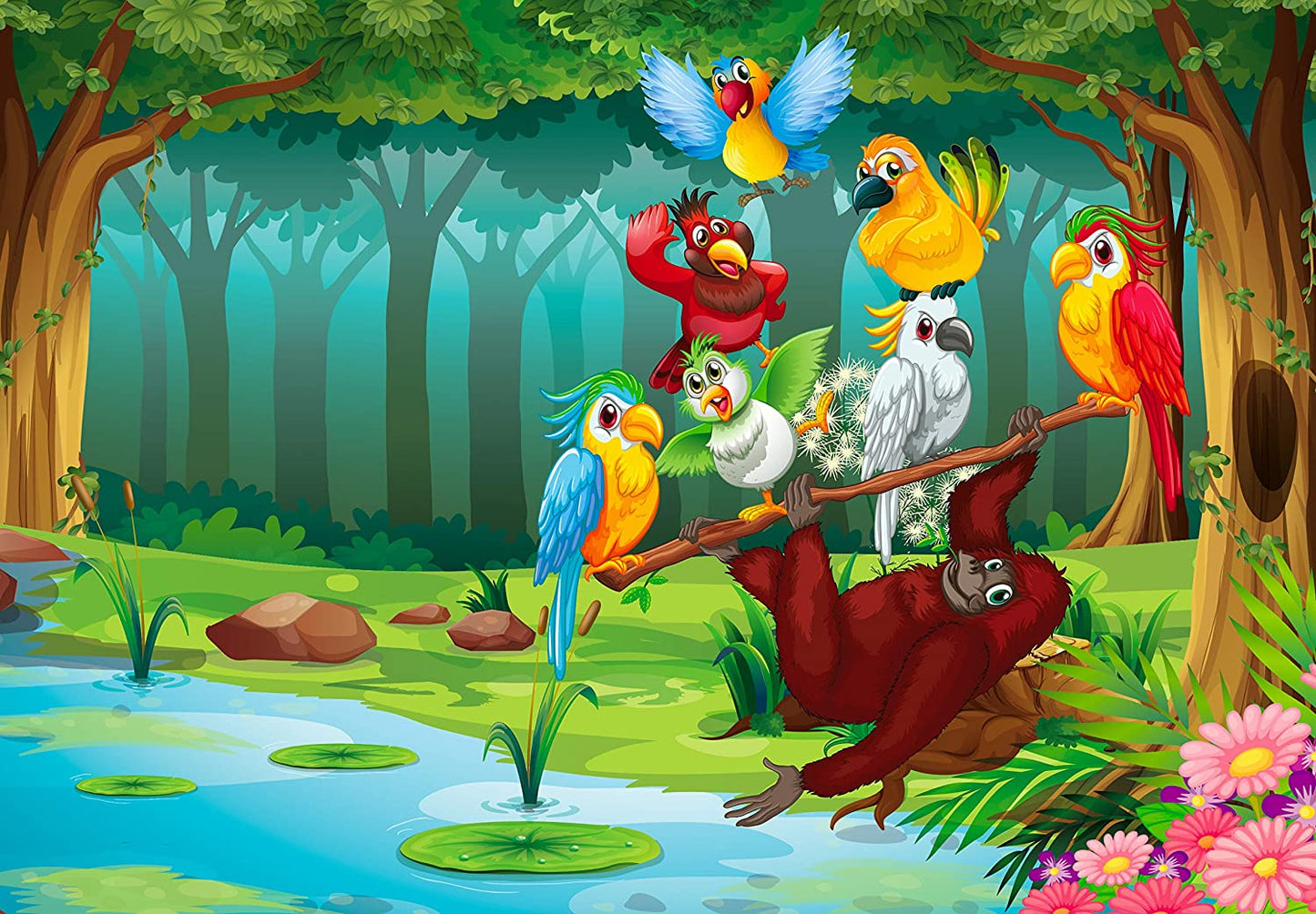 Hochwertiges Kinderposter Tiere im Jungle, 100 cm Breit x 70 cm Hoch, Dekoration, Kunstdruck, Wandbild, Fineartprint, Wandposter Poster für Kinderzimmer, Poster für Kinder, Kinderposter (Jungle2)