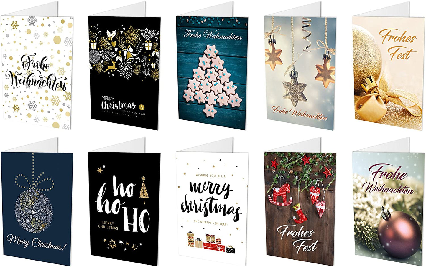 10/20 Weihnachtskarten (10 unterschiedliche Motive) + 10/20 hochwertige, haftklebende Umschläge, Frohe Weihnachten, Frohes Fest, Merry Christmas