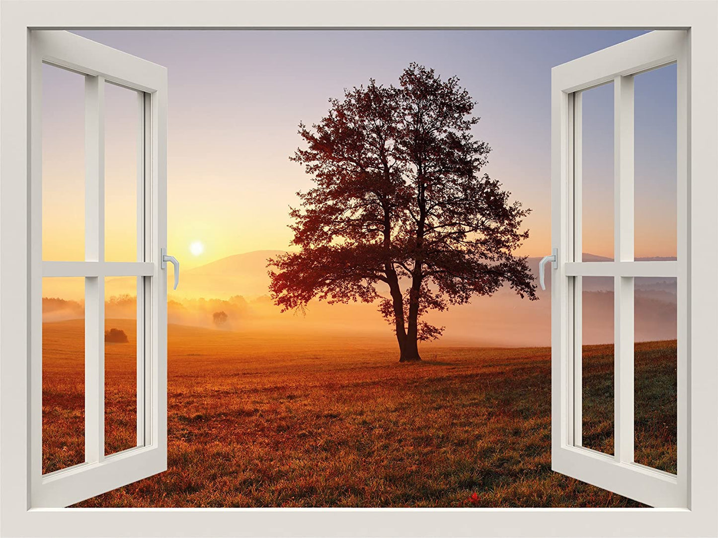PICSonPAPER Leinwandbild Fenster Sonnenaufgang Baum Feld, 40 cm x 30 cm, Dekoration, Kunstdruck, Wandbild, Geschenk, Leinwand Natur