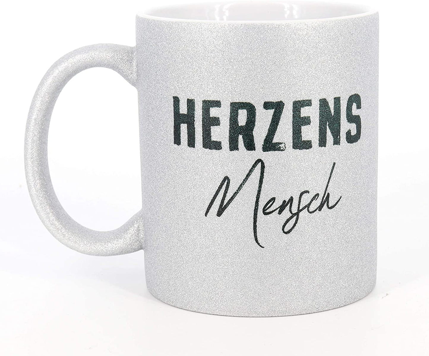 Silberne Glitzeratasse mit Spruch Herzensmensch, Kaffeetasse, Keramiktasse, Tasse mit lustigem Spruch, Sparkle, Glitzer, silver