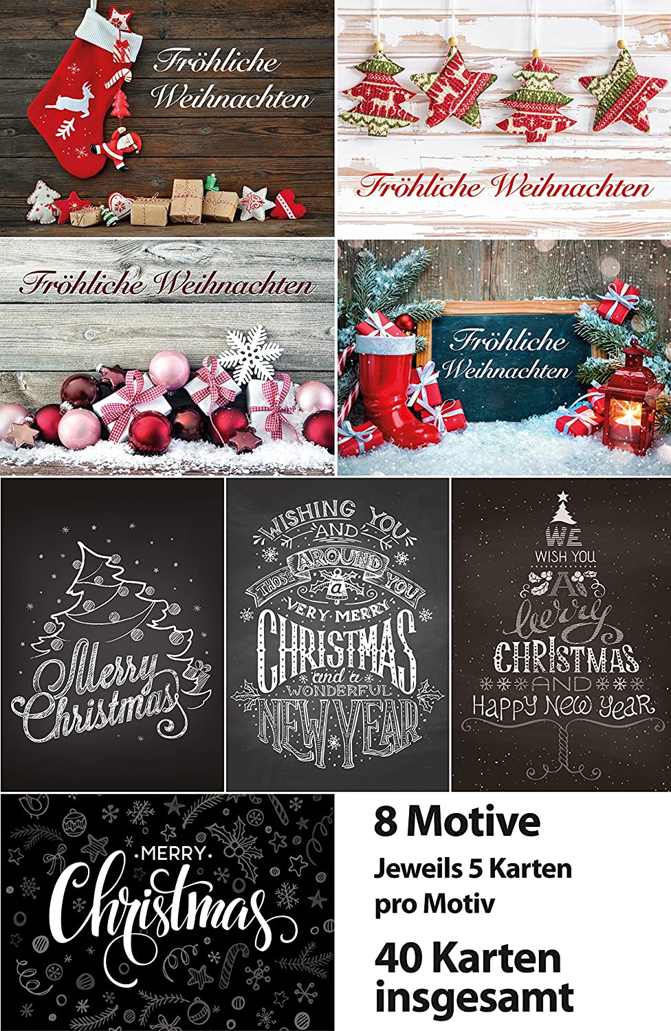 Weihnachtskarten-Set mit 40 Stück Weihnachtspostkarten, Versandkostenfrei, 8 Motive jeweils 5 Postkarten, Grußkarten, Weihnachten - Set mit weihnachtliche Karten, Weihnachtsgrüße, Weihnachtspostkarten mit Schriftzug Fröhliche Weihnachten bzw. Merry Chris