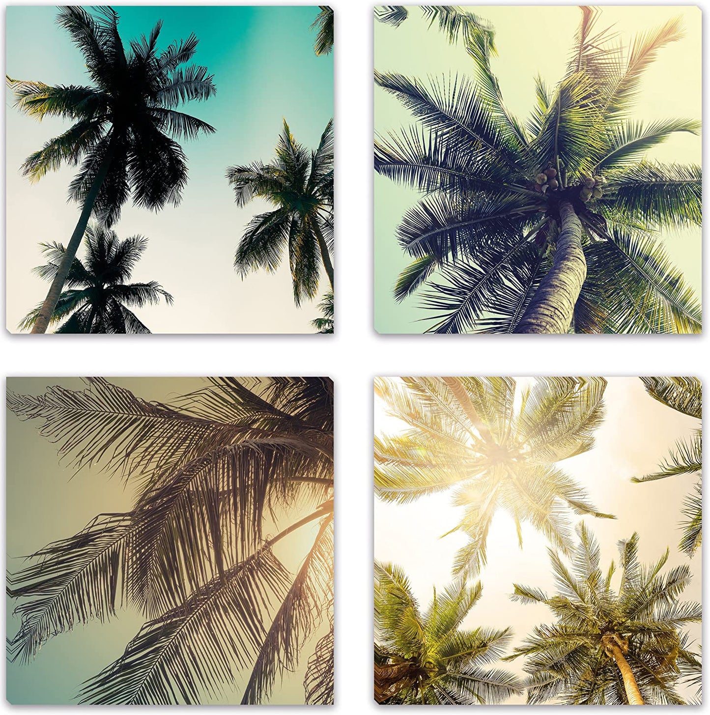 PICSonPAPER Leinwandbilder 4er-Set Palmen, je 30 cm x 30 cm, Dekoration, Kunstdruck, Wandbild, Geschenk, Leinwand Natur, 4 Teile je 30 x 30 (4er Leinwand-Set Palmen)