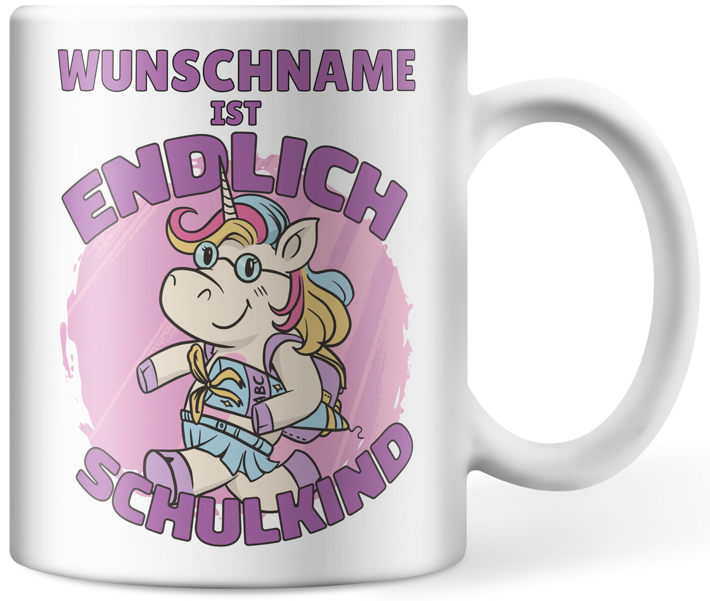 Tasse personalisiert mit Namen, Wunschname ist endlich Schulkind, persönliche Geschenke zur Einschulung, Einhorn Namenstasse