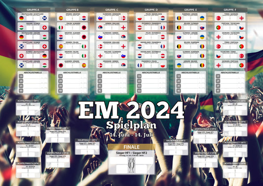 EM Spielplan Poster für Euro Fußball 2024, EM Fussball Planer, alle Spiele zum Eintragen der Ergebnisse und Spiele in der K.O. Phase, DIN A1 oder DIN A2gerollt