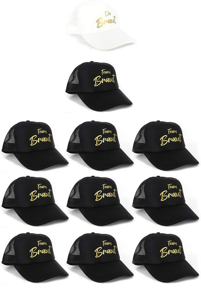 Damen Mesh Cap Weiss mit Aufdruck Die Braut und Schwarze Caps mit goldenem Aufdruck Team Braut, JGA Accessoires Frauen, Accessoires für Junggesellinnenabschied