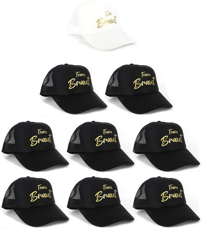 Damen Mesh Cap Weiss mit Aufdruck Die Braut und Schwarze Caps mit goldenem Aufdruck Team Braut, JGA Accessoires Frauen, Accessoires für Junggesellinnenabschied