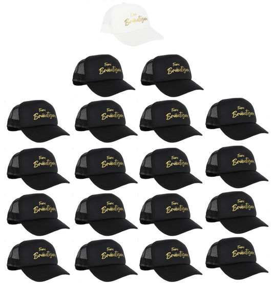 Mesh Cap Weiss mit Aufdruck Der Bräutigam und 18 Schwarze mit goldenem Aufdruck Team Bräutigam, JGA Accessoires Männer, Accessoires für Junggesellenabschied