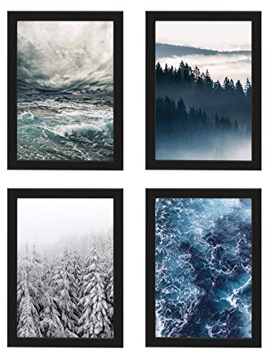 PICSonPAPER Poster 4er-Set Wald & Meer, ungerahmt DIN A4, Kunstdrucke, Poster, Dekoration, Meer, Wald, Winter, Wandbild, Geschenk (Ungerahmt DIN A4)