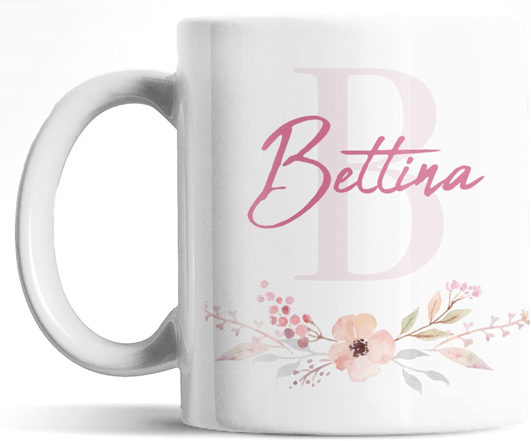 Tasse personalisiert mit Initiale und Namen, personalisierte Namens-Tasse, persönliche Geschenke Kaffee-Tasse mit Namen, weiß Keramik-Tasse mit Blumen