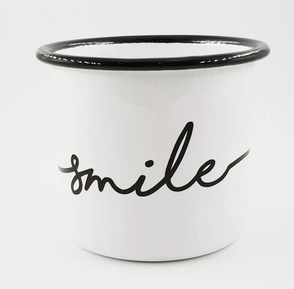 PICSonPAPER Emaille-Tasse mit Spruch Smile, Geschenk, Edelstahl-Becher, Metall-Tasse, Campingbecher, Kaffeetasse