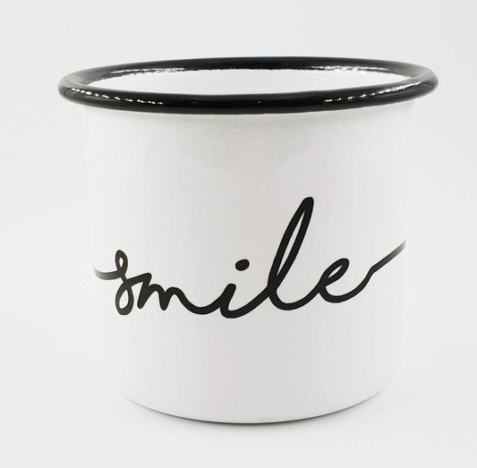 PICSonPAPER Emaille-Tasse mit Spruch Smile, Geschenk, Edelstahl-Becher, Metall-Tasse, Campingbecher, Kaffeetasse