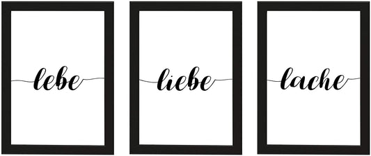 PICSonPAPER Poster 3er-Set lebe, Liebe Lache, gerahmt DIN A4, Dekoration, Kunstdruck, Wandbild, Typographie, Geschenk (Schwarz gerahmt DIN A4)