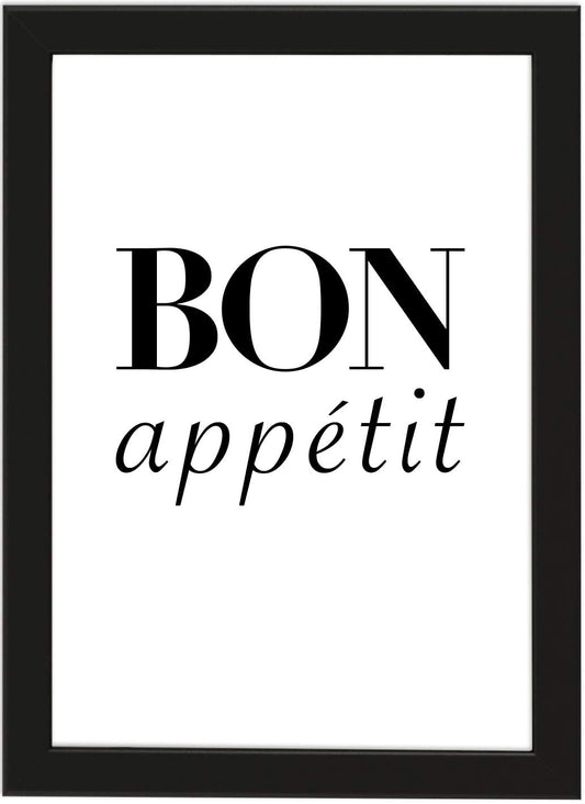 PICSonPAPER Poster DIN A4 Bon appétit, gerahmt mit schwarzem Bilderrahmen, Geschenk, Geschenkidee, Geburtstagsgeschenk, Poster mit Rahmen, Kunstdruck, Typographie (Bon Appetit)