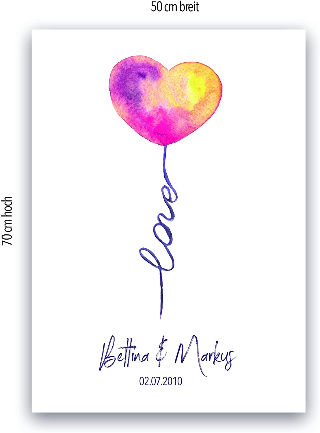 Personalisierbares Leinwandbild Liebe Love Luftballon, 50 cm x 70 cm, Liebesbild Hochzeit Paare