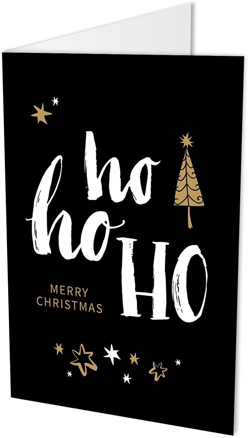 10 Weihnachtskarten (Klappkarten) und 10 hochwertige, haftklebende Umschläge, Ho Ho Ho, Merry Christmas