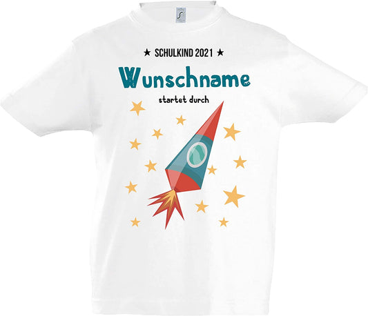 Personalisierbares weisses T-Shirt zur Einschulung Schulanfang: Schulkind 2021 Wunschname startet durch (142/152)
