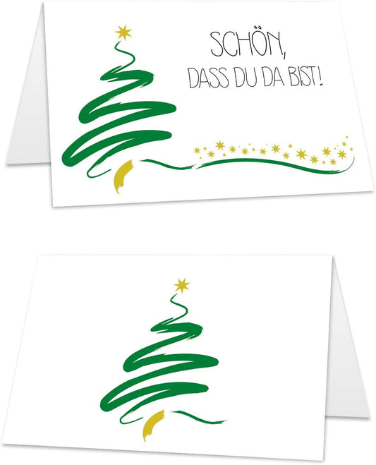 25 premium Tischkarten (8,5 cm x 5,5 cm) weiß mit Christbaum-Motiv zum selbst beschriften, Platzkarten ideal für Ihre Weihnachtsfeier