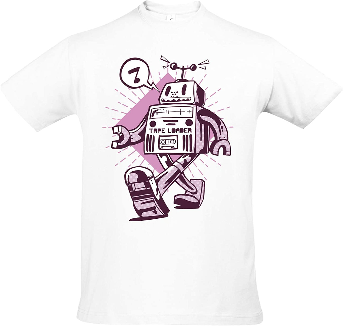 Tape-Roboter T-Shirt, Weiss bedrucktes Shirt eines Roboters mit Kassettendeck, T-Shirt mit Motiv, Lustiges Tshirt, Roboter-T-Shirt (tapebot, S)