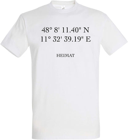 Weisses Personalisiertes T-Shirt mit individuellen Koordinaten und Text, GPS-Koordinaten, individualsierbares T-Shirt, Shirt mit eigenen Koordinaten