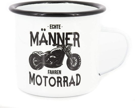 Emaille Tasse Spruch"Echte Männer fahren Motorrad", Geschenk, Edelstahl-Becher, Metall-Tasse, Campingbecher, Kaffeetasse, Biker
