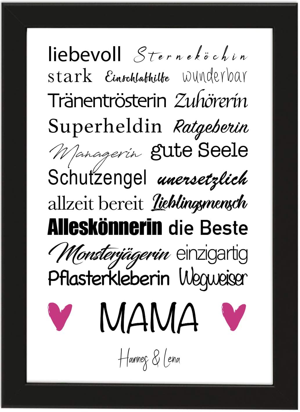 PICSonPAPER Personalisiertes Muttertagsgeschenk Poster DIN A4 Mama, liebevoll, Sterneköchin, stark, gerahmt mit schwarzem Bilderrahmen, Muttertag, Poster mit Rahmen, Personalisierbare Poster (Mama)