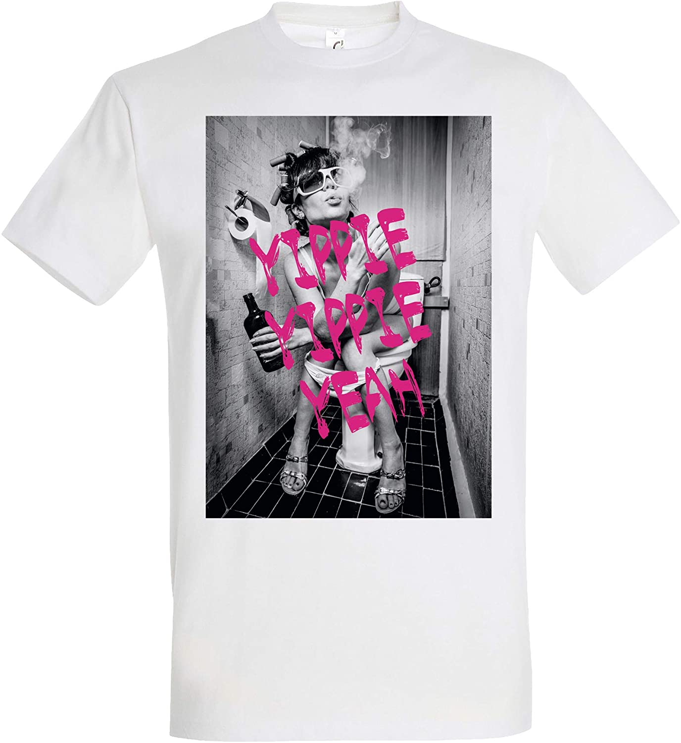 Weisses T-Shirt Toiletparty mit Schriftzug Yippie Yippie Yeah, Party T-Shirt, Feiern, Rauchen, Trinken