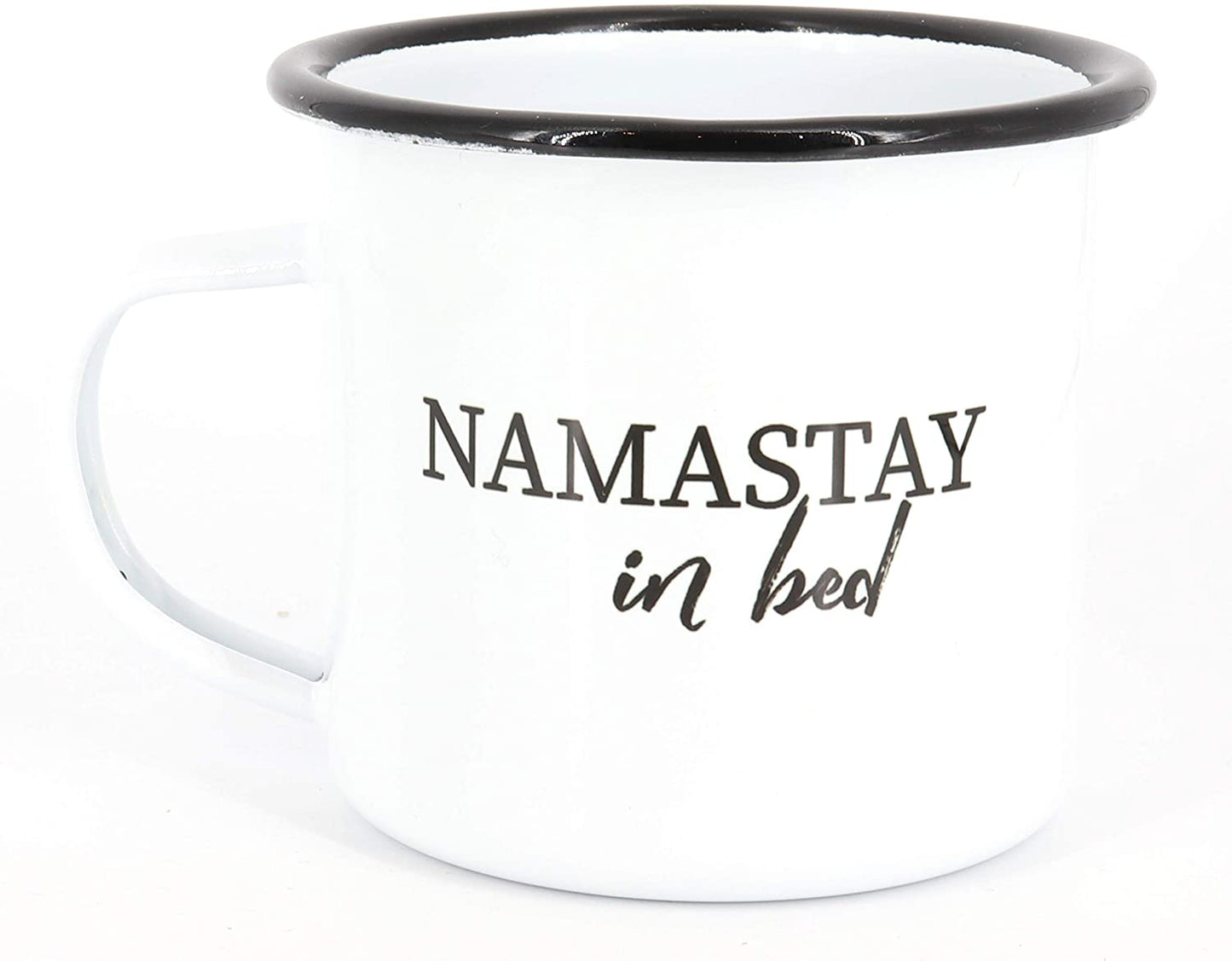 Emaille Tasse Namastay in bed Geschenk, Edelstahl-Becher, Metall-Tasse, Campingbecher, Kaffeetasse, Yoga