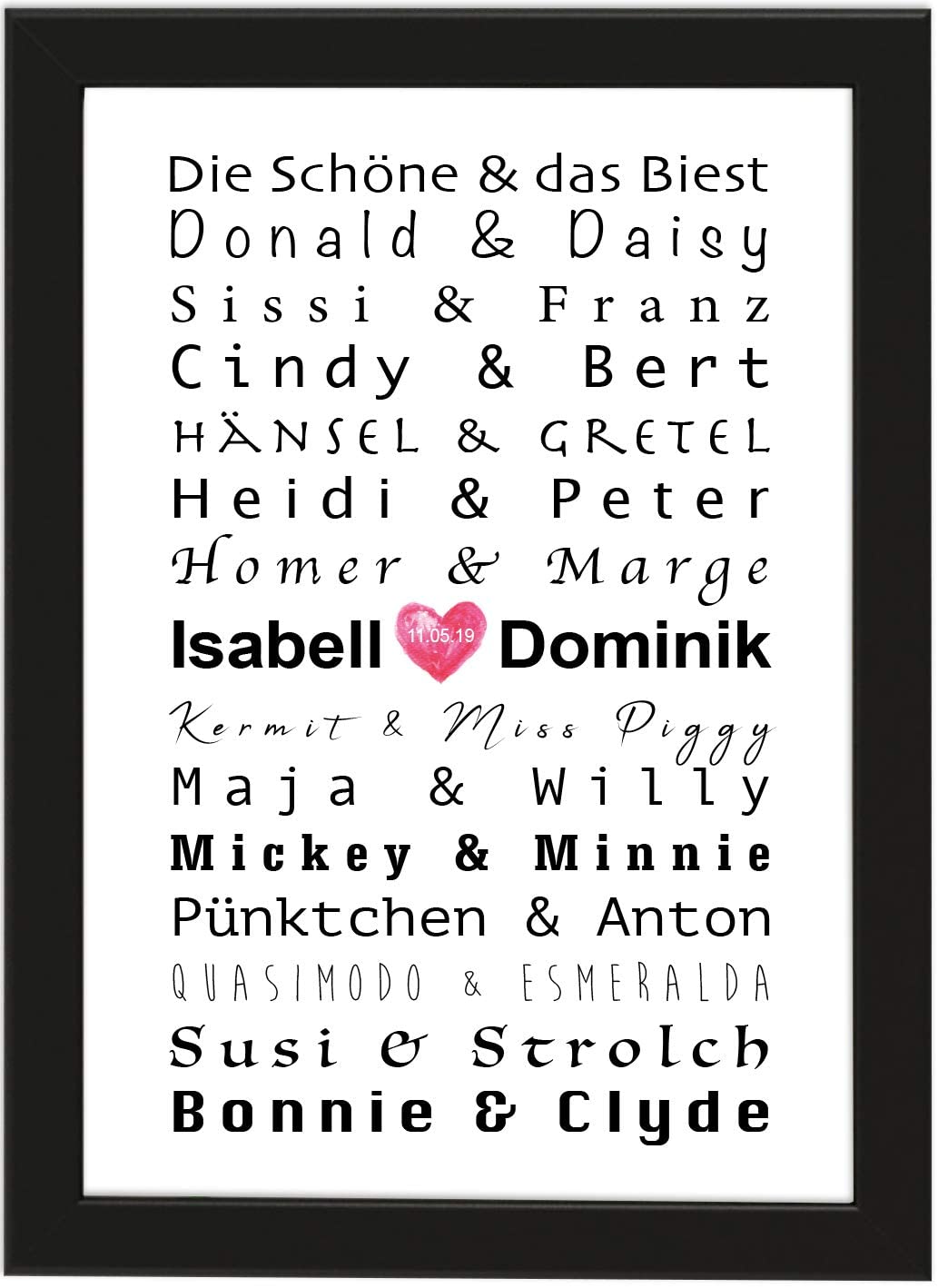 PICSonPAPER Personalisiertes Poster zur Hochzeit DIN A4 Berühmte Paare, Hochzeitsgeschenk, gerahmt mit schwarzem Bilderrahmen, Poster mit Rahmen, Personalisierbare Poster (Poster mit Rahmen)