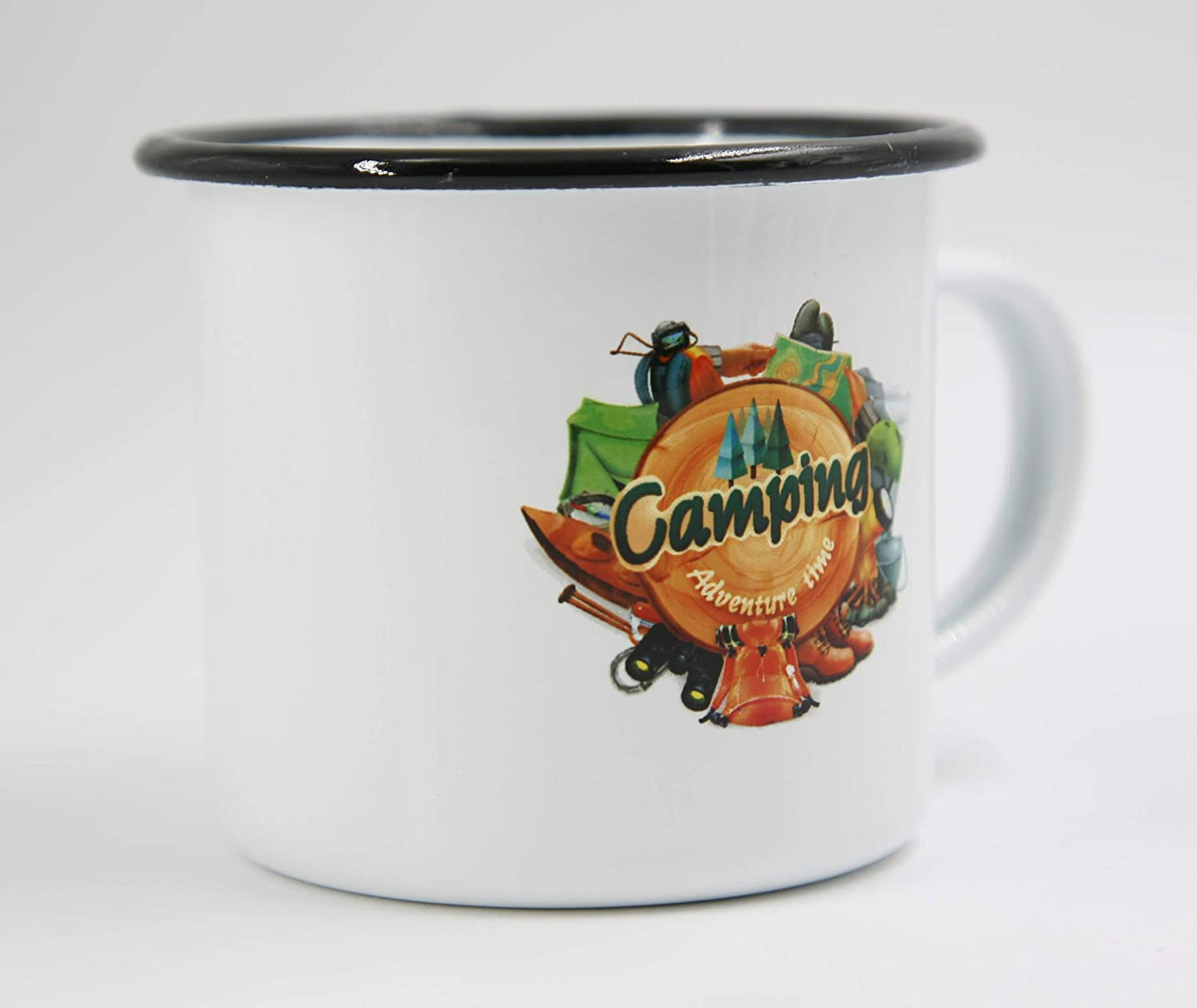 PICSonPAPER Emaille Tasse mit Grafik und Spruch Camping Adventure time, Geschenk, Edelstahl-Becher, Metall-Tasse, Campingbecher, Kaffeetasse
