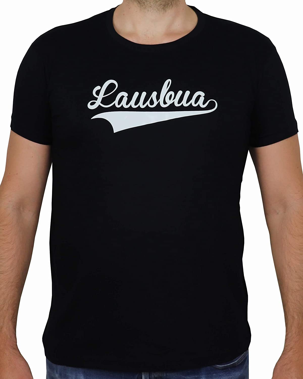 Schwarzes T-Shirt mit weissem Aufdruck Lausbua, Bayrisch Boarisch Bayern Dialekt, freche bayerische Buben (L)