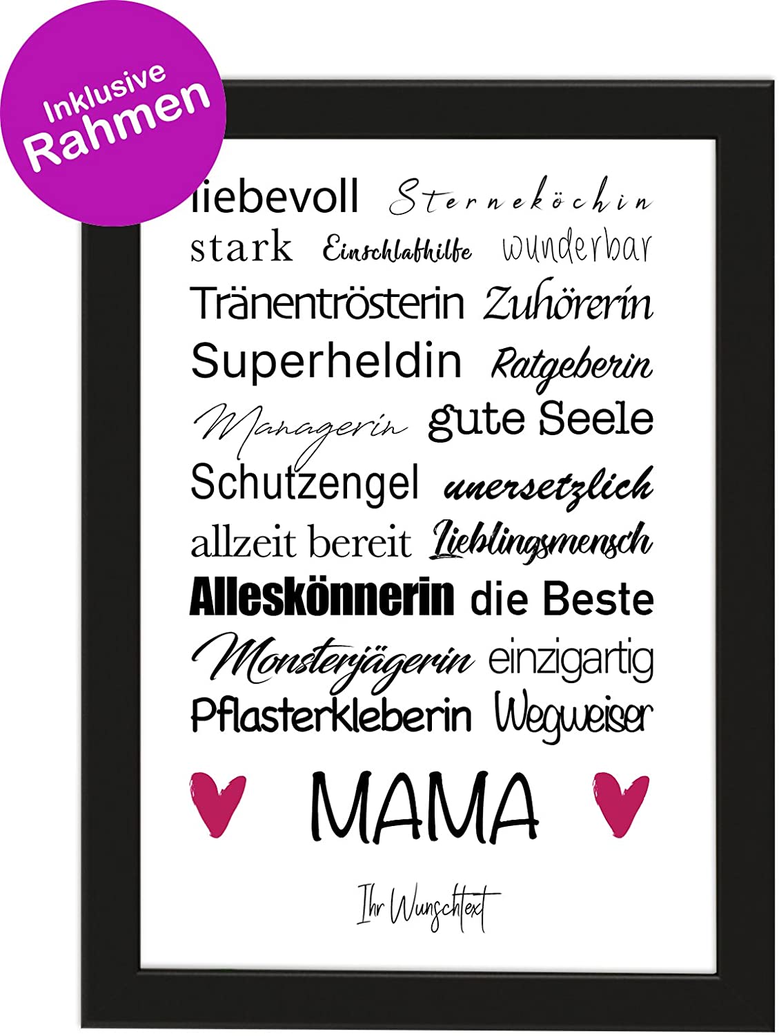 PICSonPAPER Personalisiertes Muttertagsgeschenk Poster DIN A4 Mama, liebevoll, Sterneköchin, stark, gerahmt mit schwarzem Bilderrahmen, Muttertag, Poster mit Rahmen, Personalisierbare Poster (Mama)