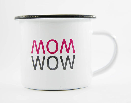 PICSonPAPER Emaille Tasse mit Spruch MOM - Wow, Geschenk, Edelstahl-Becher, Metall-Tasse, Muttertagsgeschenk