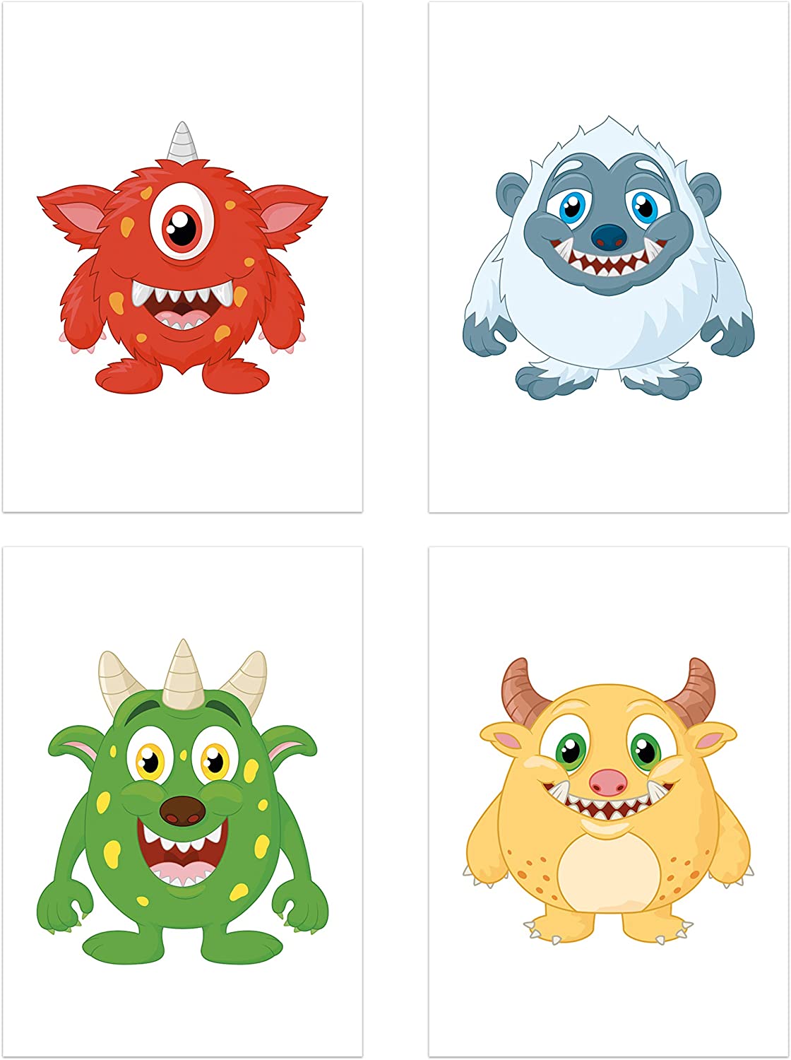 PICSonPAPER Kinderposter 4er-Set lustige Monster, ungerahmt DIN A4, Poster für Kinderzimmer, Monsterposter, Kinderillustrationen