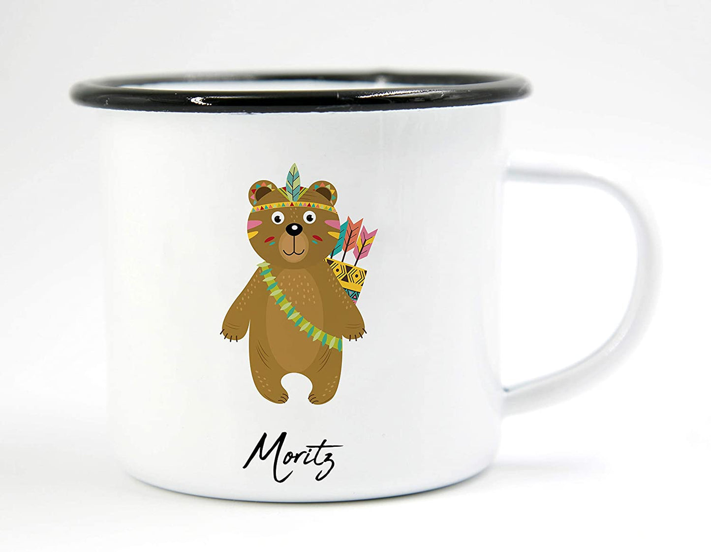 PICSonPAPER Personalisierbare Emaille-Tasse mit süßer Indianer-Bär-Illustration, Geschenk, Edelstahl-Becher, Metall-Tasse (Bär)