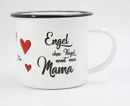 PICSonPAPER Personalisierbare Emaille Tasse Engel ohne Flügel nennt Man Mama, Muttertag, Edelstahl-Becher, Metall-Tasse, Geschenkidee