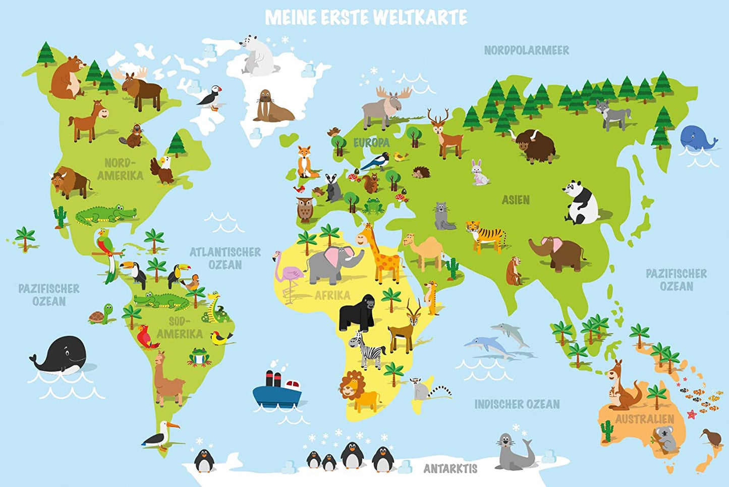 "KINDERWELTKARTE" Illustrierte Weltkarte für Kinder, deutsche Beschriftung, Kinder-Poster, Geschenk, Dekoration fürs Kinderzimmer