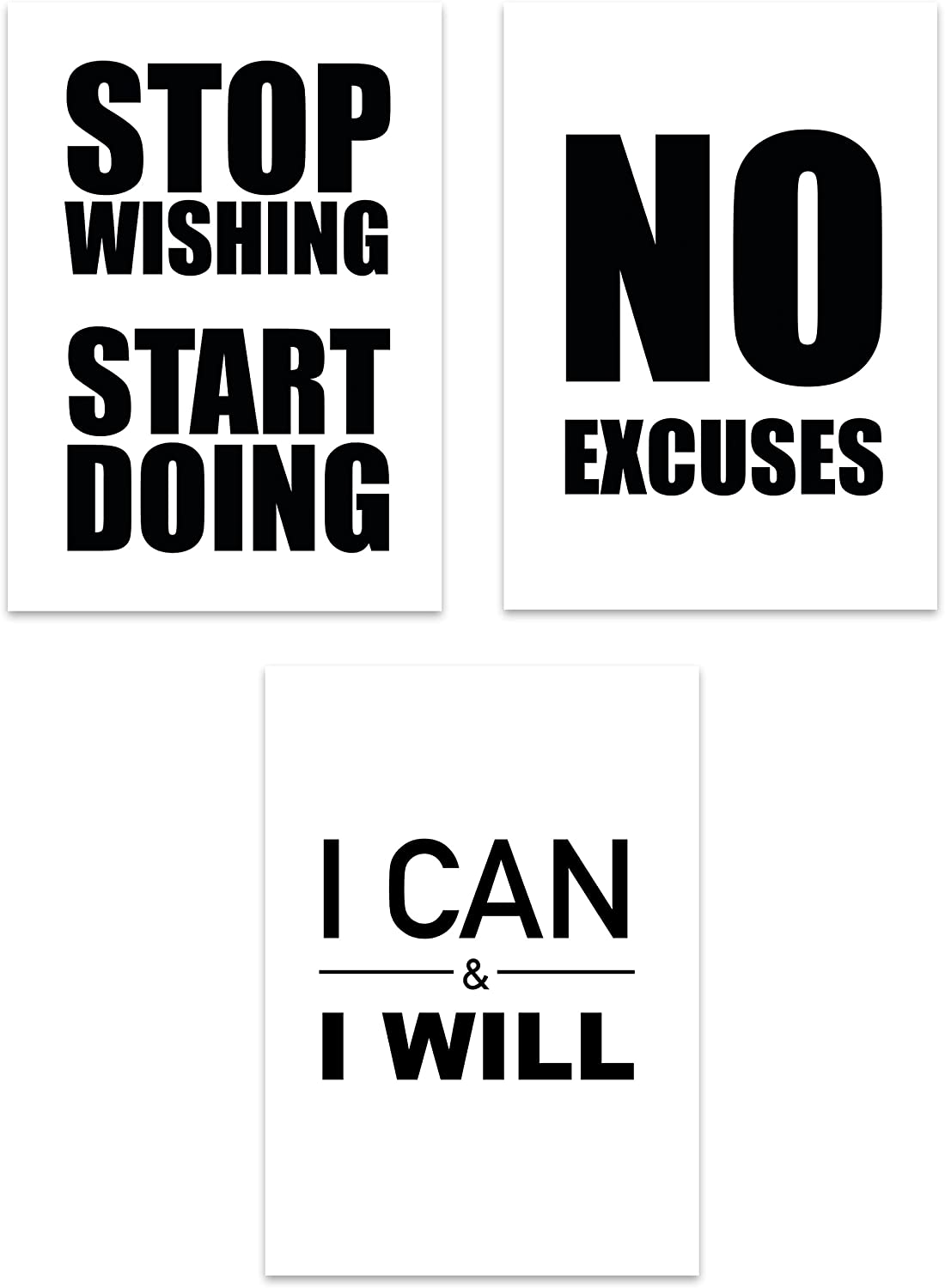 PICSonPAPER Motivations-Poster 3er-Set Stop Wishing, Start Doing/No Excuses/I can & I Will, ungerahmt DIN A4, Motivationsposter, Motivation (Ungerahmt DIN A4)