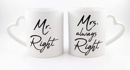 PICSonPAPER Zwei Tassen mit Herzhenkel Mr. Right & Mrs. Always Right, Kaffeetasse, Keramiktasse, Tasse mit lustigem Spruch, Hochzeitsgeschenk, Partnertassen