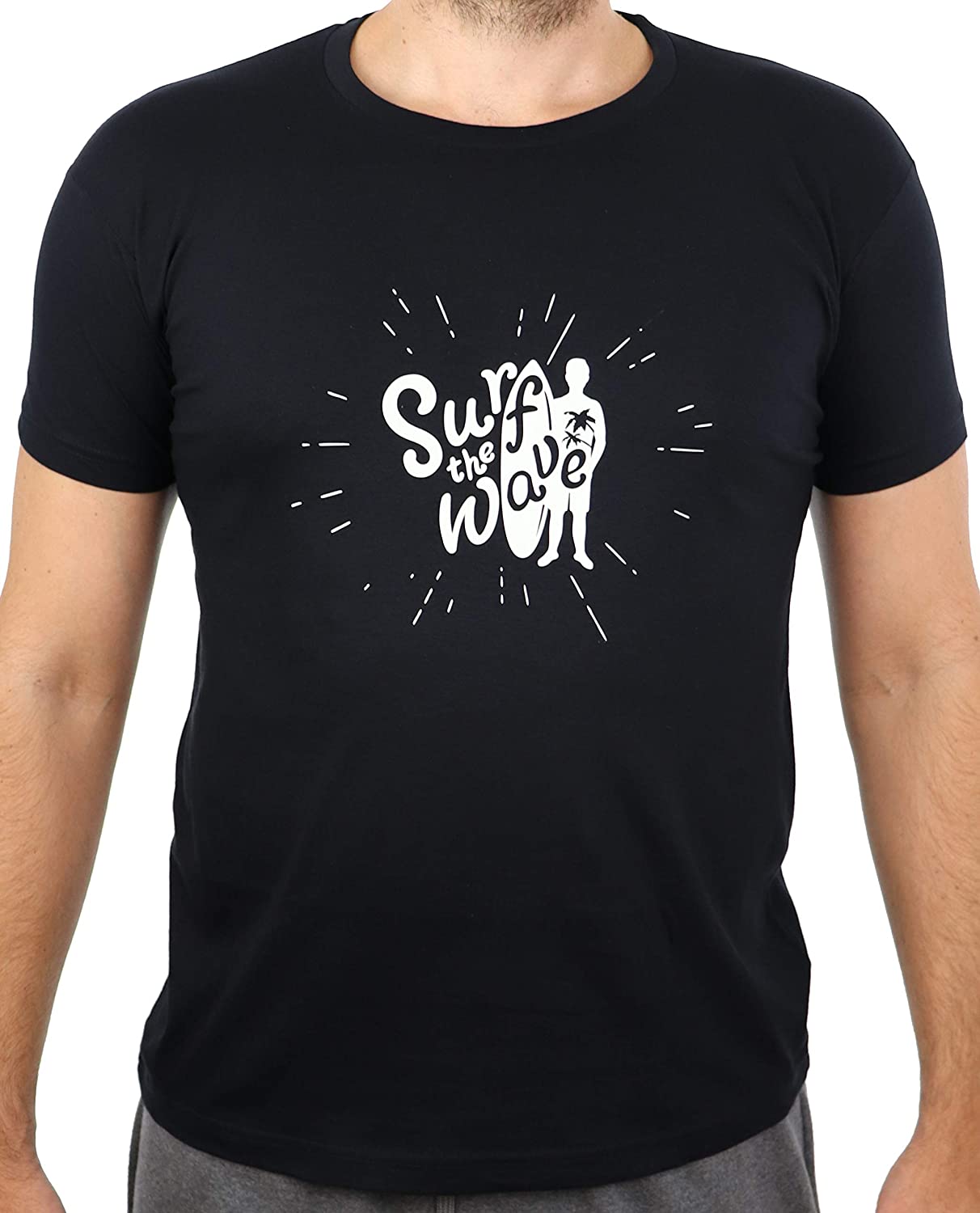 Surf-T-Shirt, Schwarzes T-Shirt mit weissem Aufdruck Surf The Wave, Surfgrafik, Surfer (Surf The Wave, XS)