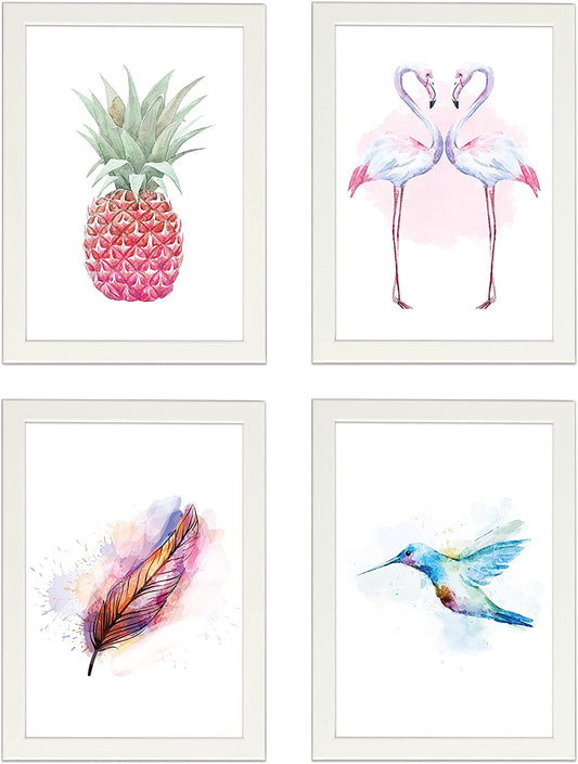PICSonPAPER Poster 4er-Set Tropic AQUARELL, DIN A4, Dekoration für Wohn- und Arbeitsräume, Ananas, Flamingo, Feder, Kolibri, Kunstdruck, Geschenk, Wandbild