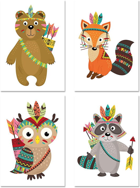 PICSonPAPER Kinder Poster 4er-Set Indianer, ungerahmt 40 cm x 50 cm, Dekoration fürs Kinderzimmer, Babyzimmer, Kinderposter, Babyposter, Kunstdruck, Wandbild, Geschenk (Ohne Rahmen 40 x 50)