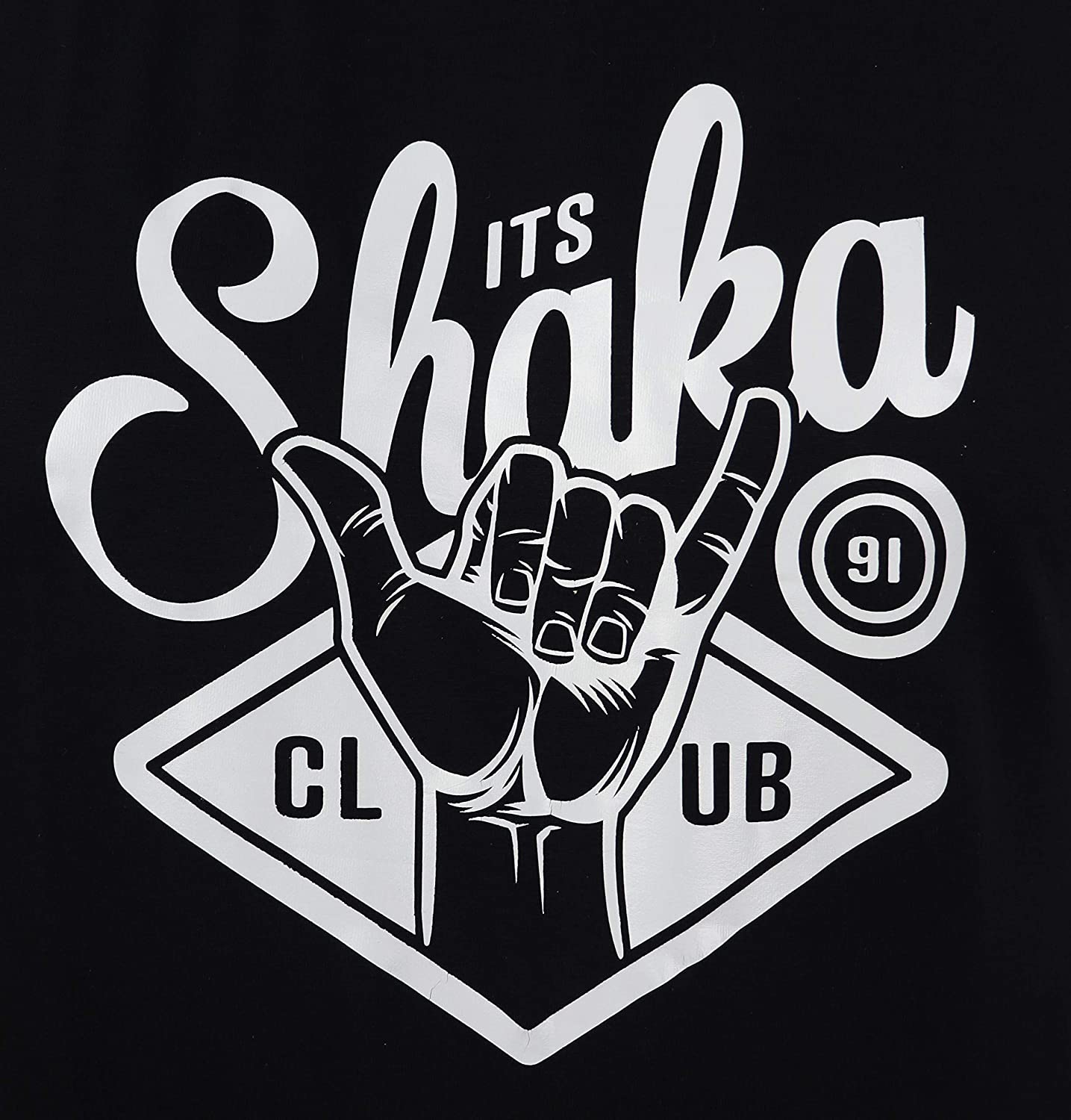 Surf-T-Shirt, Schwarzes T-Shirt mit weissem Aufdruck It's Shaka Club, Surfgrafik, Surfer (Shaka Club