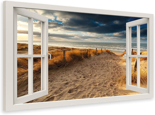 PICSonPAPER Leinwandbild Fenster zum Nordseestrand, 40 cm x 30 cm, Dekoration, Kunstdruck, Wandbild, Geschenk, Leinwand Natur, Nordsee, Meer, Strand
