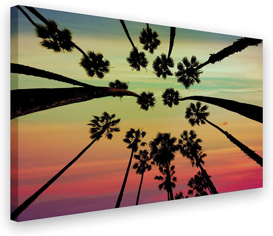 PICSonPAPER Leinwandbild Palmen im Sonnenuntergang, 70 cm x 50 cm, Wandbild, Geschenk, Leinwand Blick nach Oben