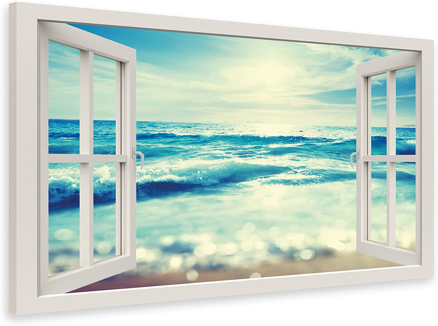 PICSonPAPER Leinwandbild Fensterblick zum Meer, 40 cm x 30 cm, Dekoration, Kunstdruck, Wandbild, Geschenk, Leinwand Natur, Meer, Strand, Sonne (40 cm x 30 cm)