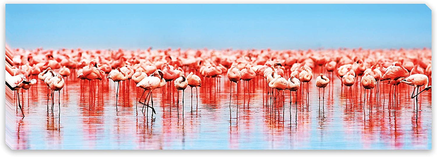 PICSonPAPER Leinwandbild Panorama Flamingos, 90 cm x 30 cm, Dekoration, Kunstdruck, Wandbild, Geschenk, Leinwand Tiere (Flamingos)