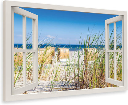 PICSonPAPER Leinwandbild Fensterblick zum Nordsee-Strand, 70 cm x 50 cm, Dekoration, Kunstdruck, Wandbild, Geschenk, Leinwand Natur