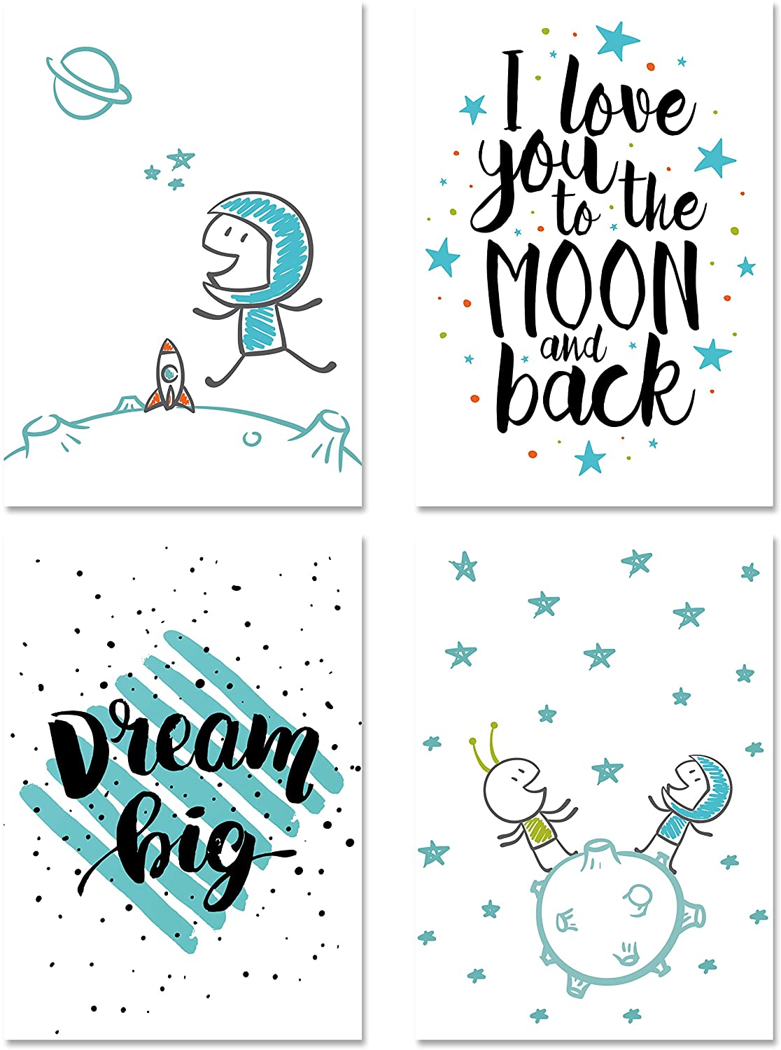 PICSonPAPER Kinder Poster 4er-Set Astronaut, Dekoration fürs Kinderzimmer, Kinderposter, Geschenk, Kunstdruck, Wandbild