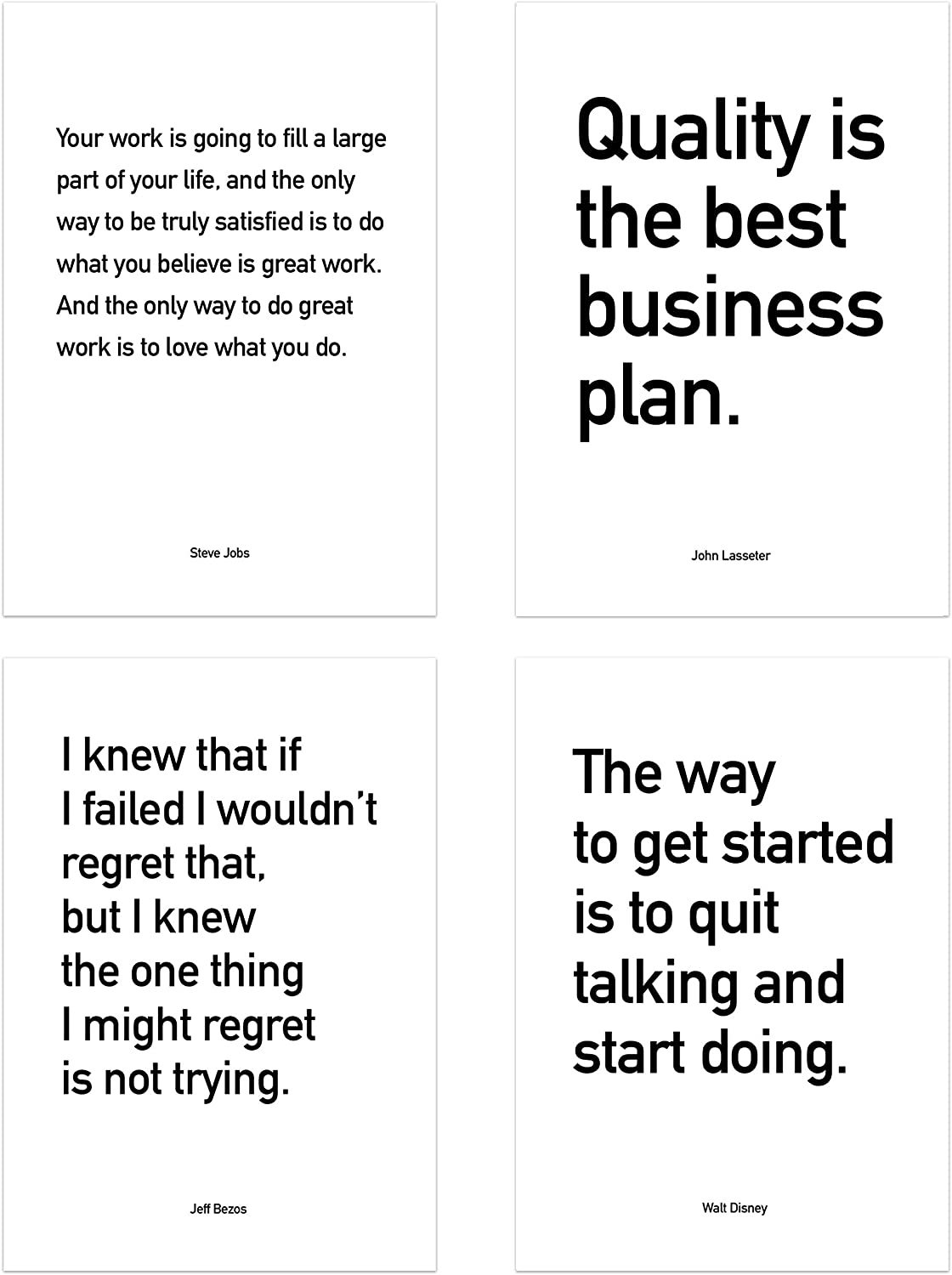 PICSonPAPER Poster 4er-Set Business Quotes ungerahmt DIN A4, Zitate von Jeff Bezos, Steve Jobs, John Lasseter und Walt Dinsey, Startup, Entrepreneur, Motivation (DIN A4, ungerahmt)